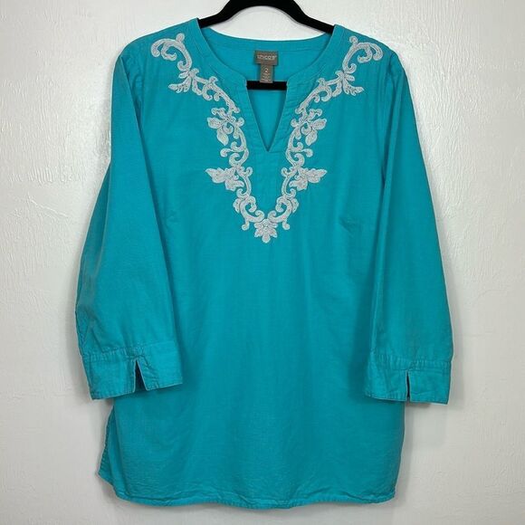 Chico’s Embroidered Linen Blend Tunic Popover Top In Blue Size L - Picture 2 of 9